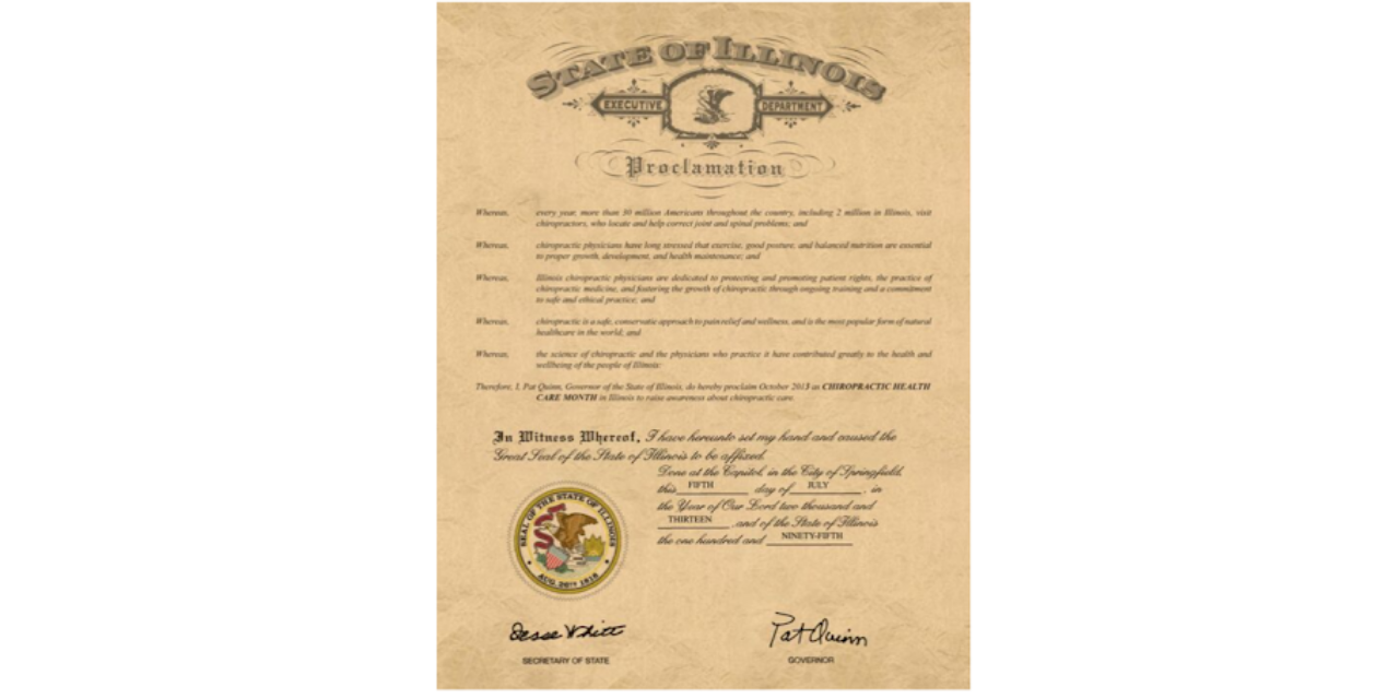 Governor Pritzker Designates October 2019 as Chiropractic Health Care Month