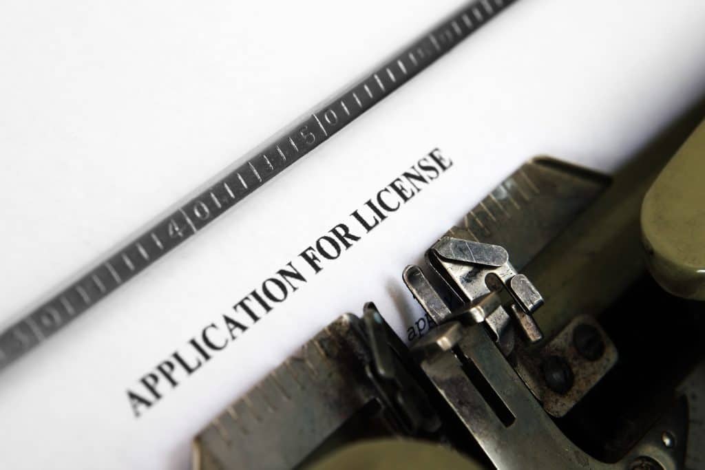 "Applicaltion for license" on a typewriter