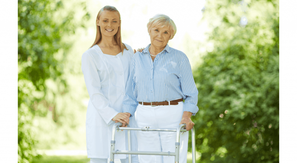 Caregiver walking with patient