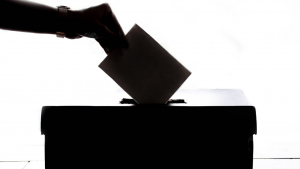 Hand placing a ballot in a ballot box