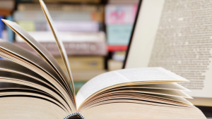 Image of an open book and a computer screen