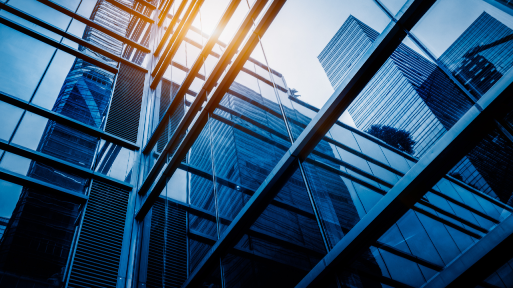 Office building with sun reflecting off windows