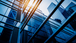 Office building with sun reflecting off windows