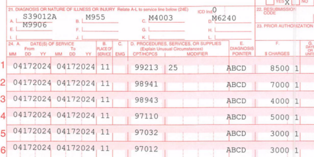Diagnosis codes on a health insurance claim form.