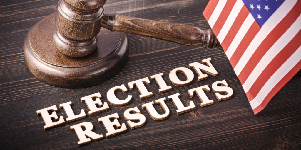 "Election Results" with a gavel and a flag
