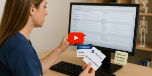 Person entering insurance information holding multiple insuracne cards