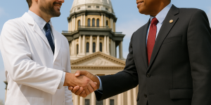 Chiropractic physician shaing hands with a politician.