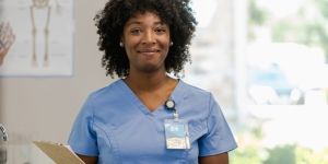 Medical professional with a name badge