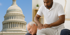 Split image of US Capitol and a person receiving chiropractic care